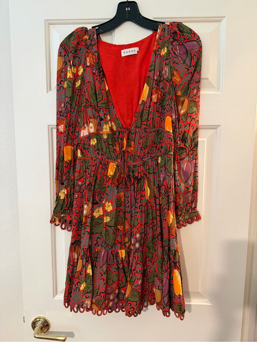 RHODE Red Floral & Fruit V-Neck Mini Dress